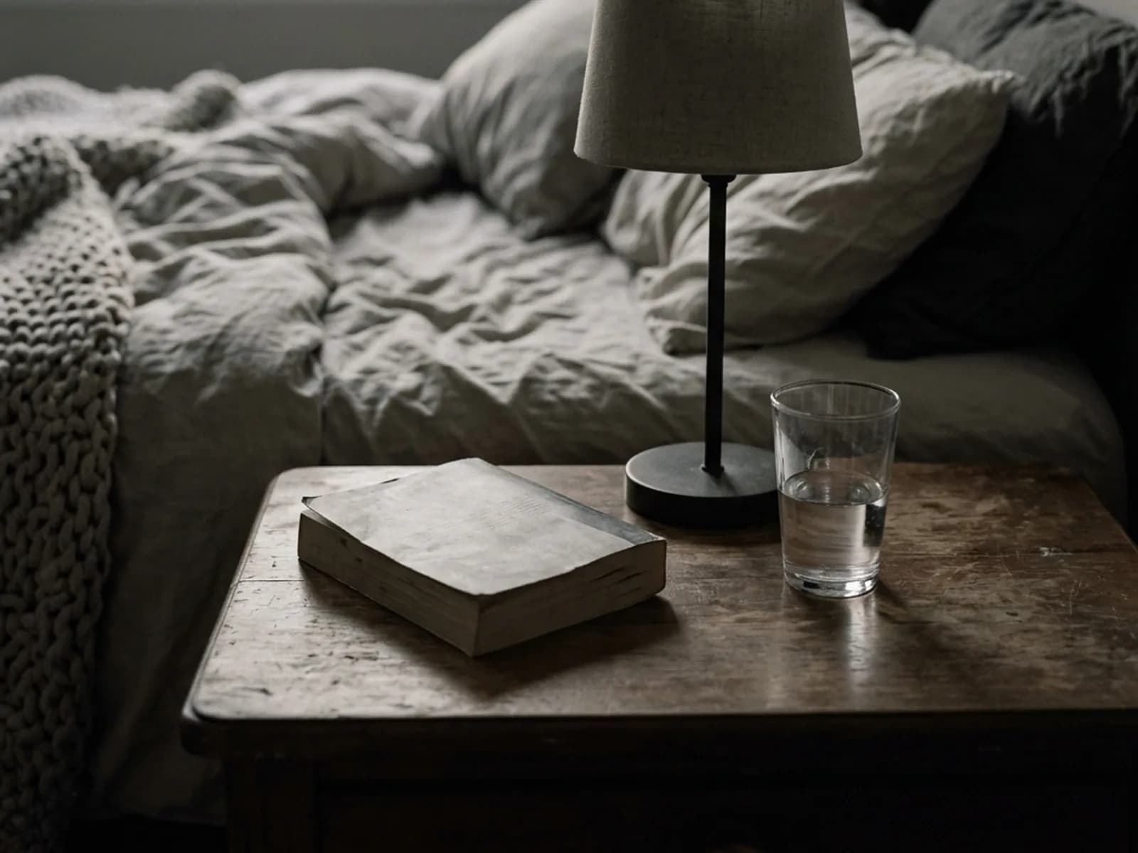 A bedside table in the evening with a paperback book, a small lamp and a glass of water beside an unmade bed.